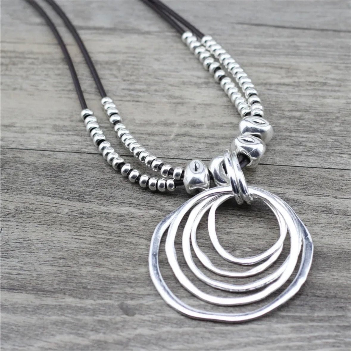 Silver Colour Multi Circular Pendant Leather Rope Necklace Choker