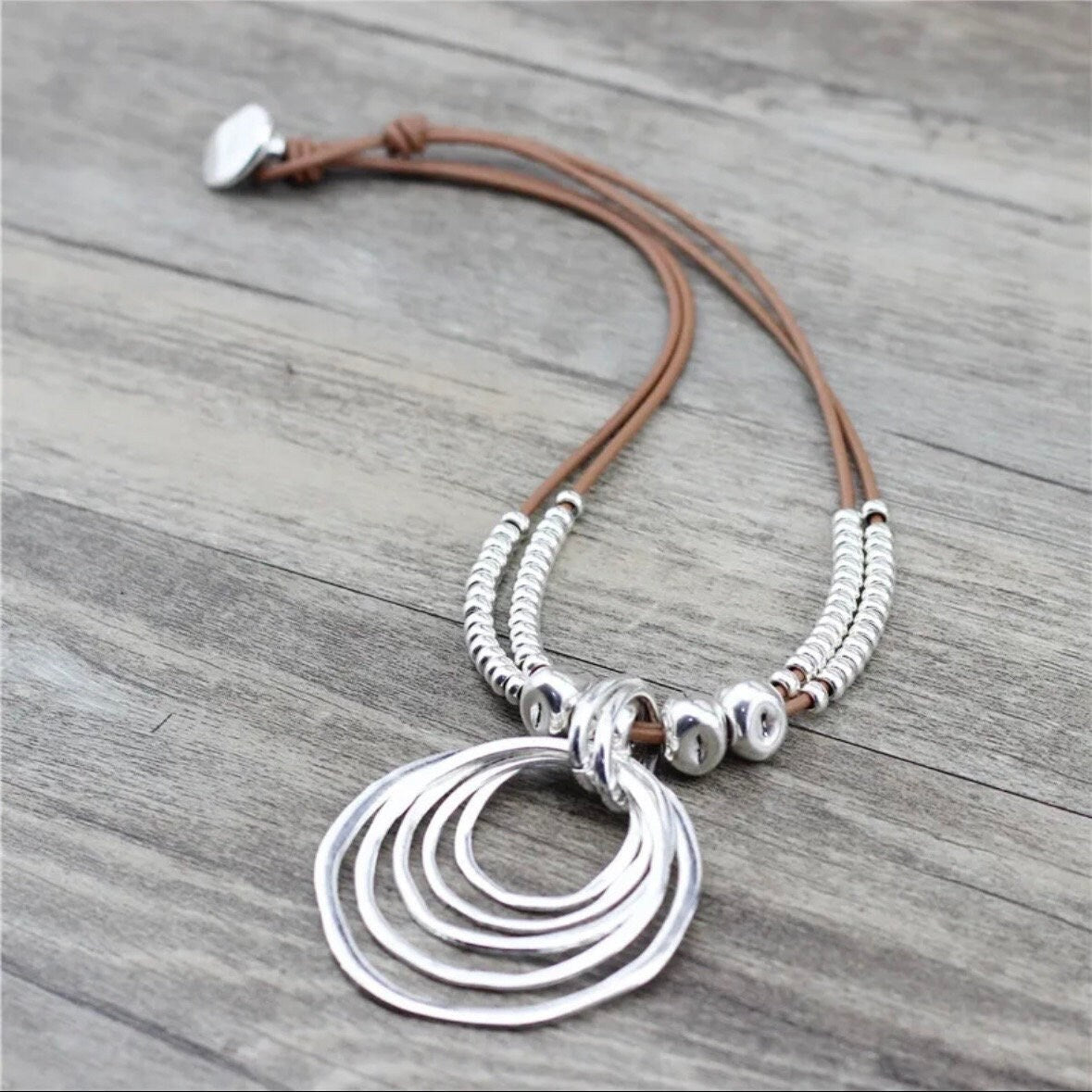 Silver Colour Multi Circular Pendant Leather Rope Necklace Choker