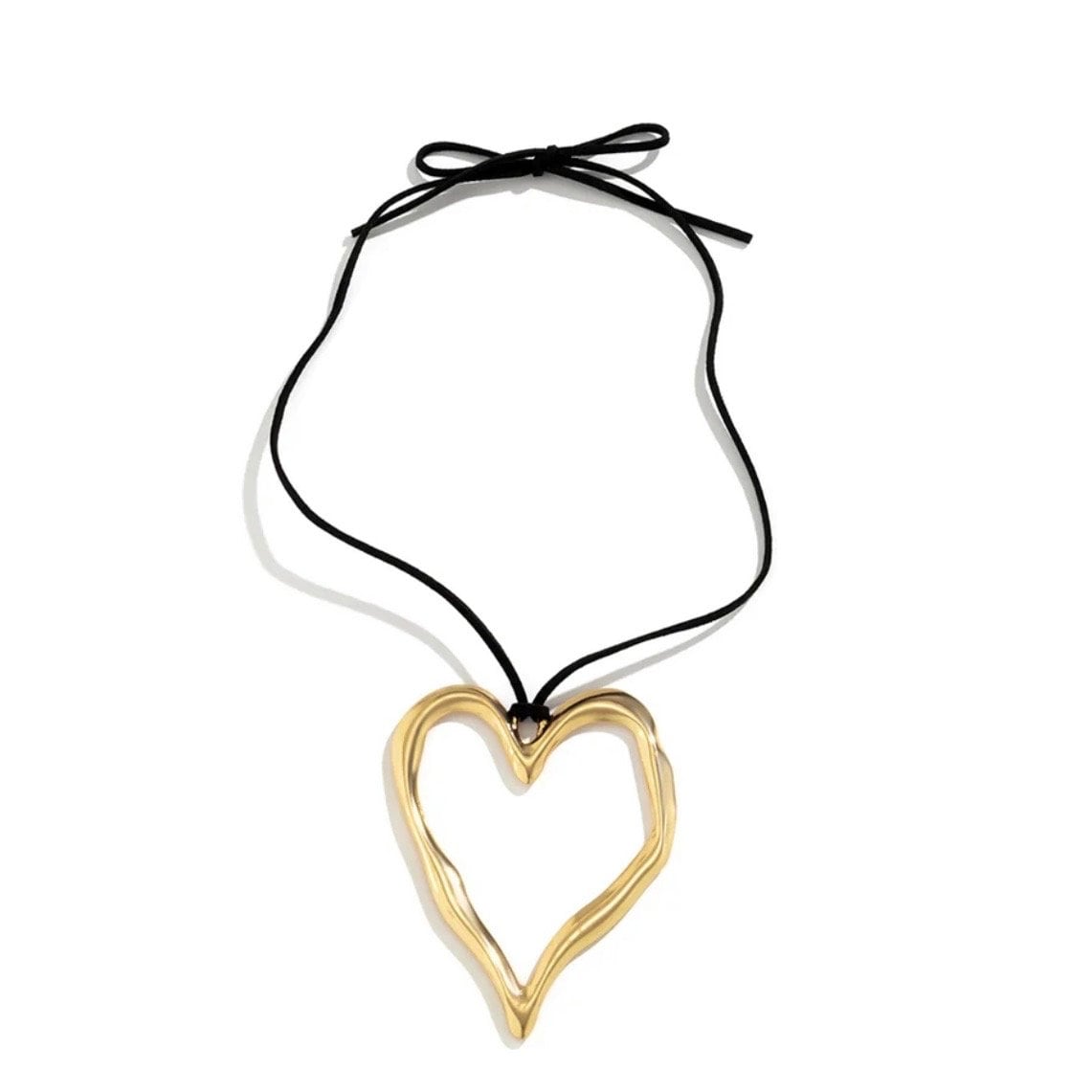 Big Hollow Love Heart Gold or Silver Colour Pendant Sweater Jumper Black Rope Leather Necklace