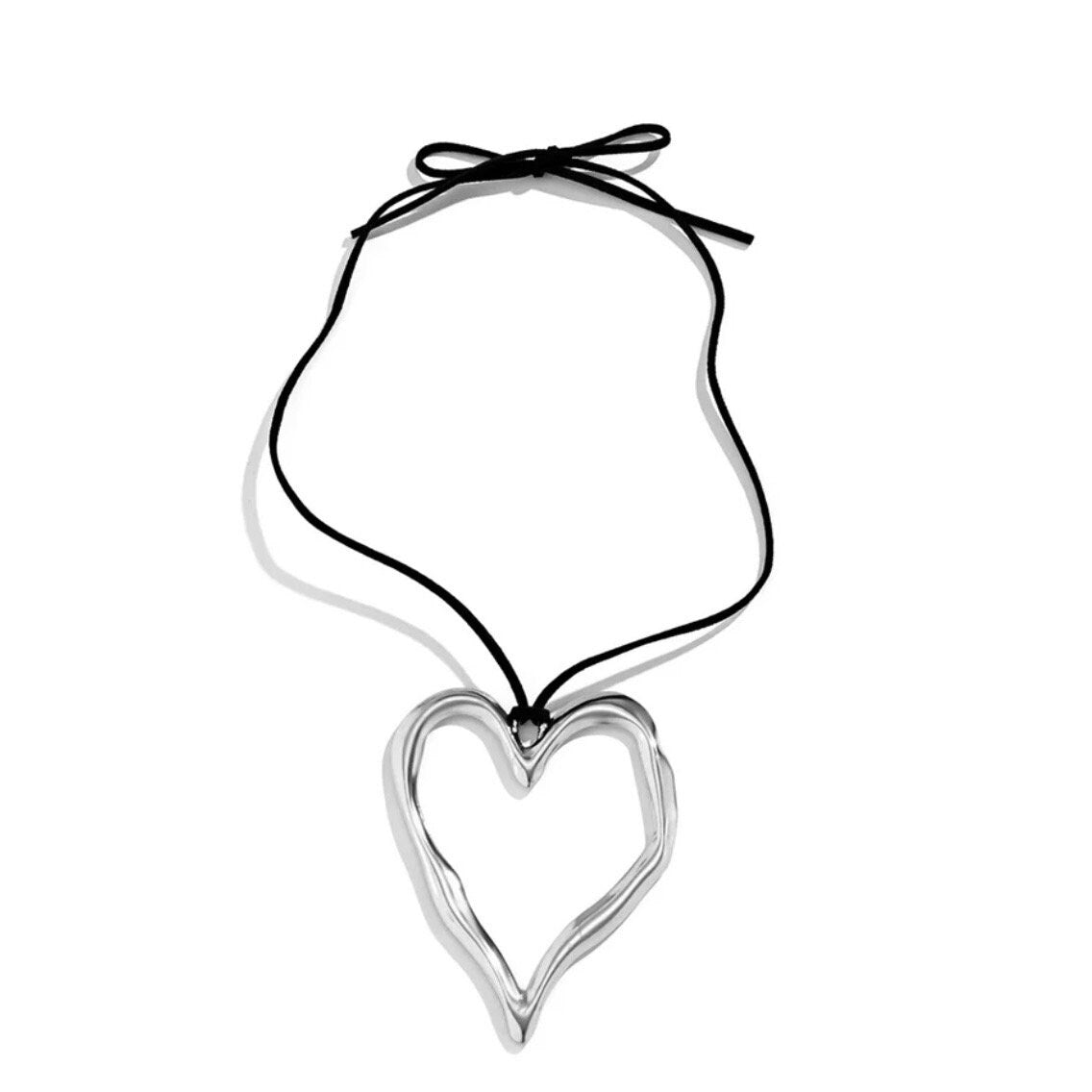 Big Hollow Love Heart Gold or Silver Colour Pendant Sweater Jumper Black Rope Leather Necklace