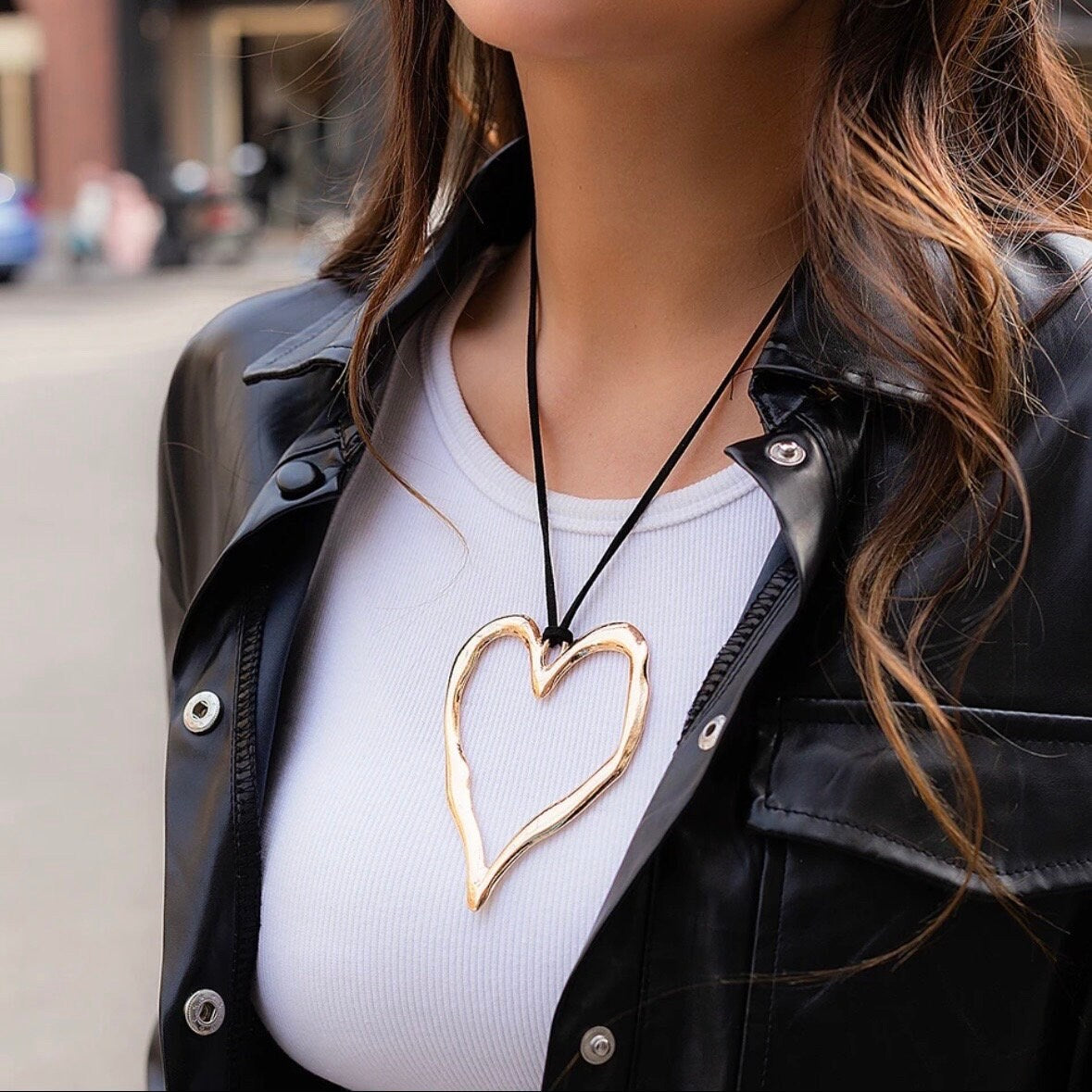 Big Hollow Love Heart Gold or Silver Colour Pendant Sweater Jumper Black Rope Leather Necklace