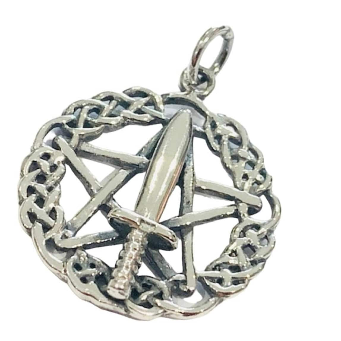 Witches Athame Pentacle Pendant within a Celtic Circle in 925 Sterling Silver