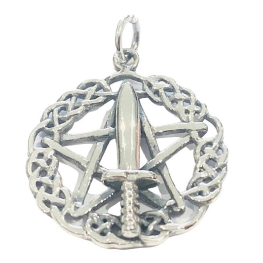 Witches Athame Pentacle Pendant within a Celtic Circle in 925 Sterling Silver