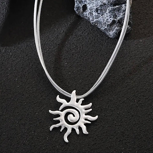 Vintage Sun Sunflower Statement Pendant Double Layered Silver Rope Chain Choker Necklace