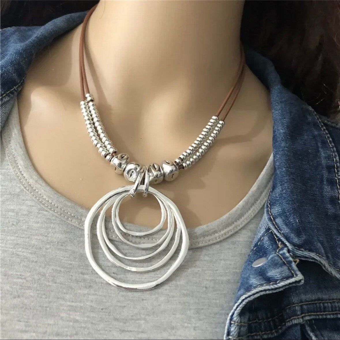 Silver Colour Multi Circular Pendant Leather Rope Necklace Choker