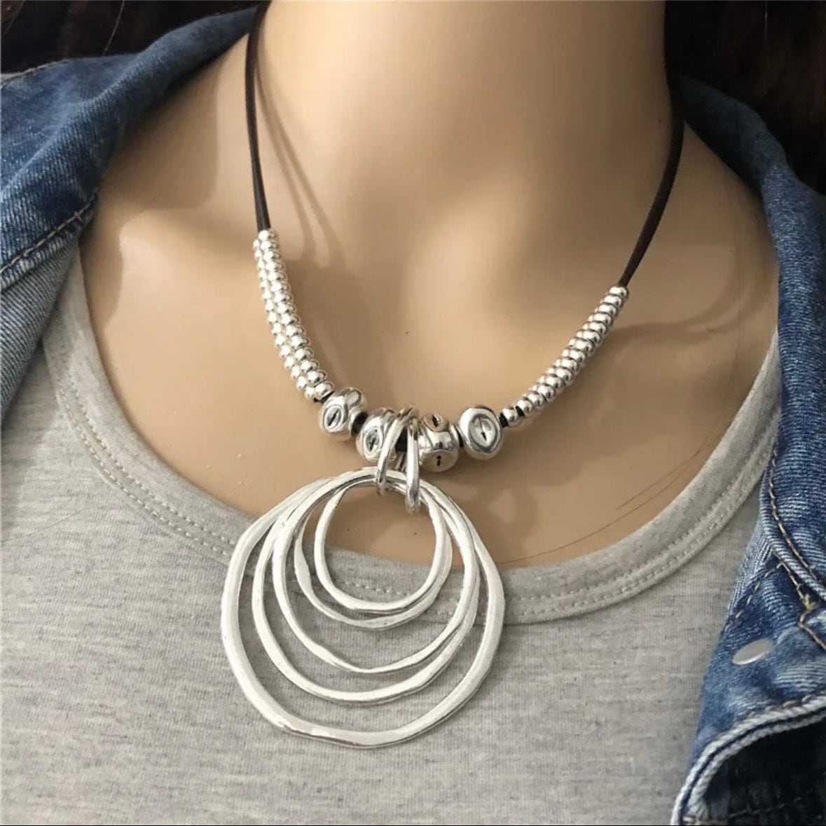 Silver Colour Multi Circular Pendant Leather Rope Necklace Choker