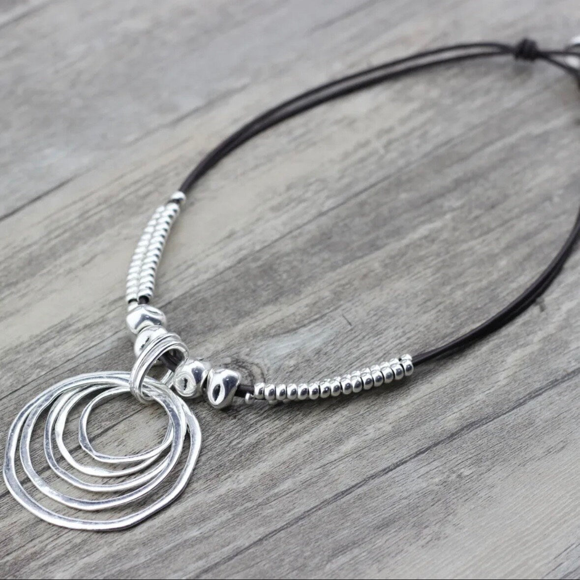 Silver Colour Multi Circular Pendant Leather Rope Necklace Choker