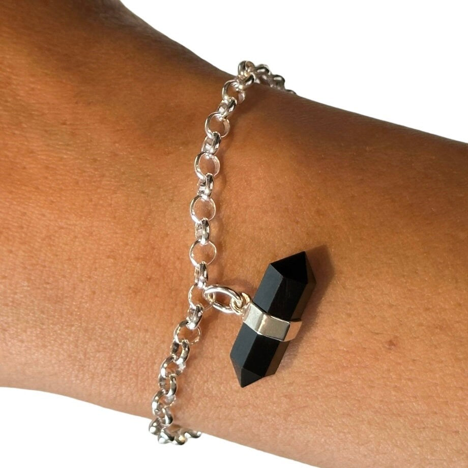 Beautiful Black Onyx Double Terminated Point Facetted Bracelet in 925 Sterling Silver