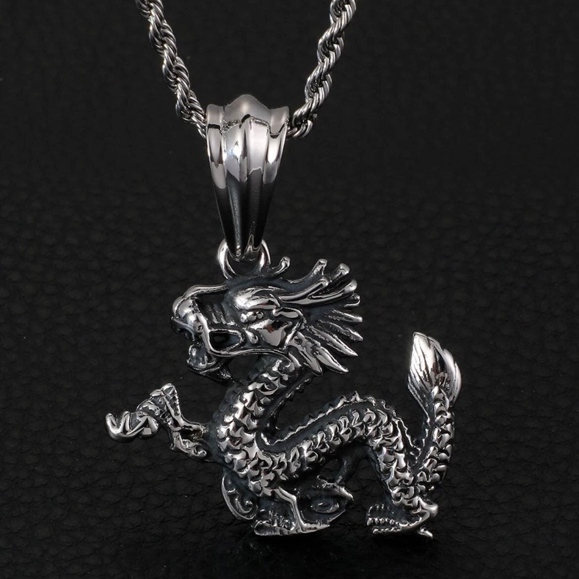 Punk Rock Gothic Stainless Steel Vintage Dragon Pendant Necklace