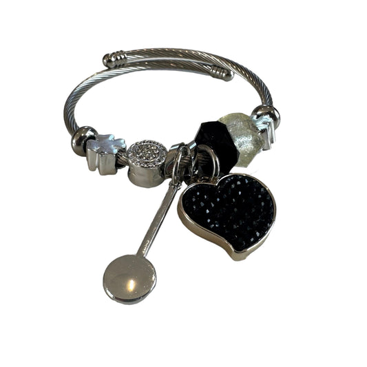 Twisted Cable Heart & Mixed Charm Adjustable Bangle Bracelet