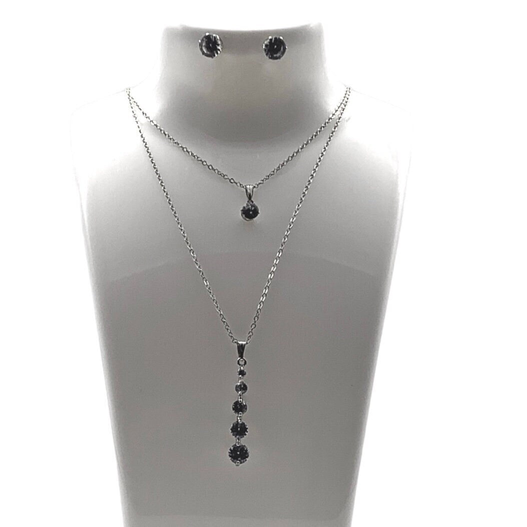 Sliver Plated Double Pendant Necklace and Earrings Set With Genuine Clear Crystal Stones