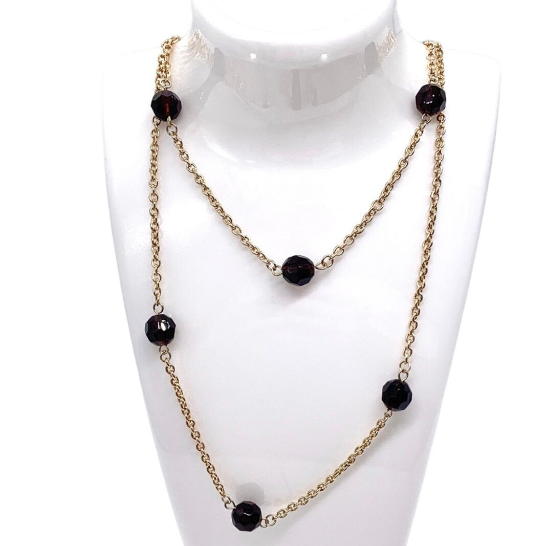 Long Fashion Jewellery Gold Colour Chain Necklace with Six Purple Coloured Beads