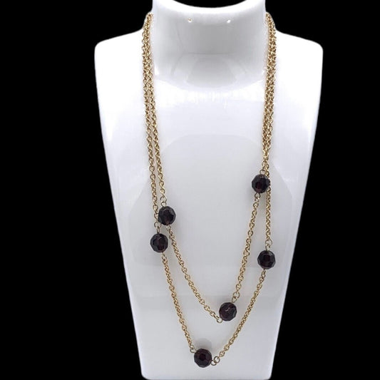 Long Fashion Jewellery Gold Colour Chain Necklace with Six Purple Coloured Beads