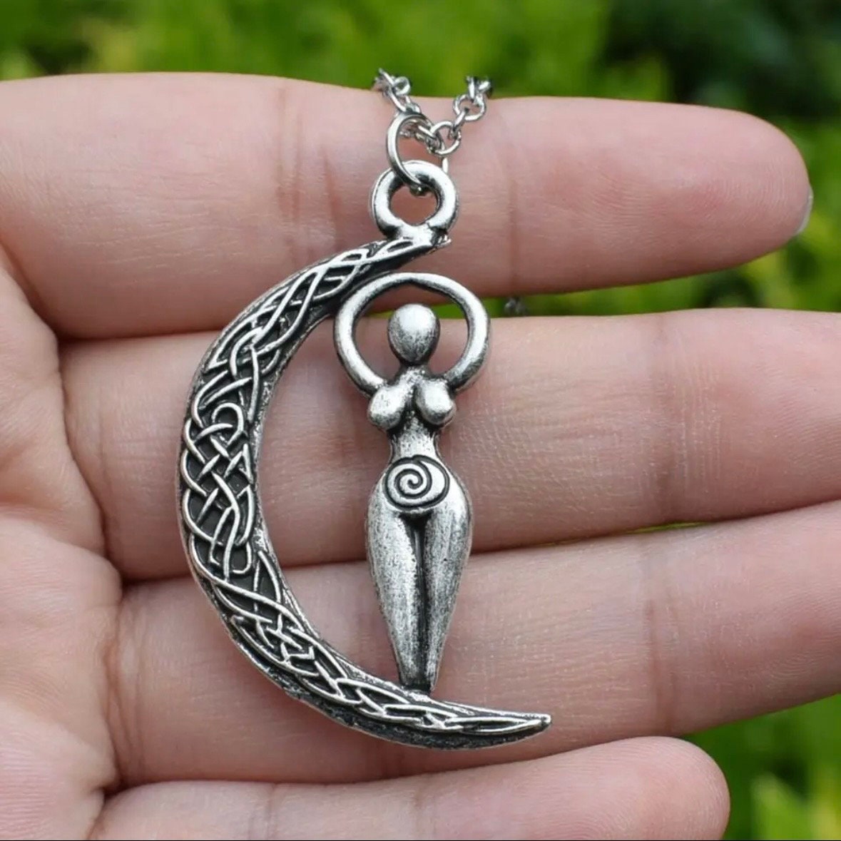 Wicca Spiral Wiccan Woman Goddess and Celtic Knott Moon Double Sided Pendant Necklace