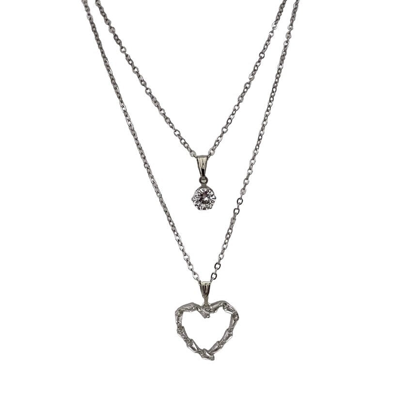 Double Pendant Heart and Clear Crystal Stone Necklace with a Pair of Clear Crystal Stone Matching Stud Earrings