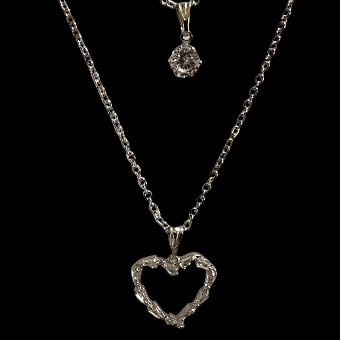 Double Pendant Heart and Clear Crystal Stone Necklace with a Pair of Clear Crystal Stone Matching Stud Earrings