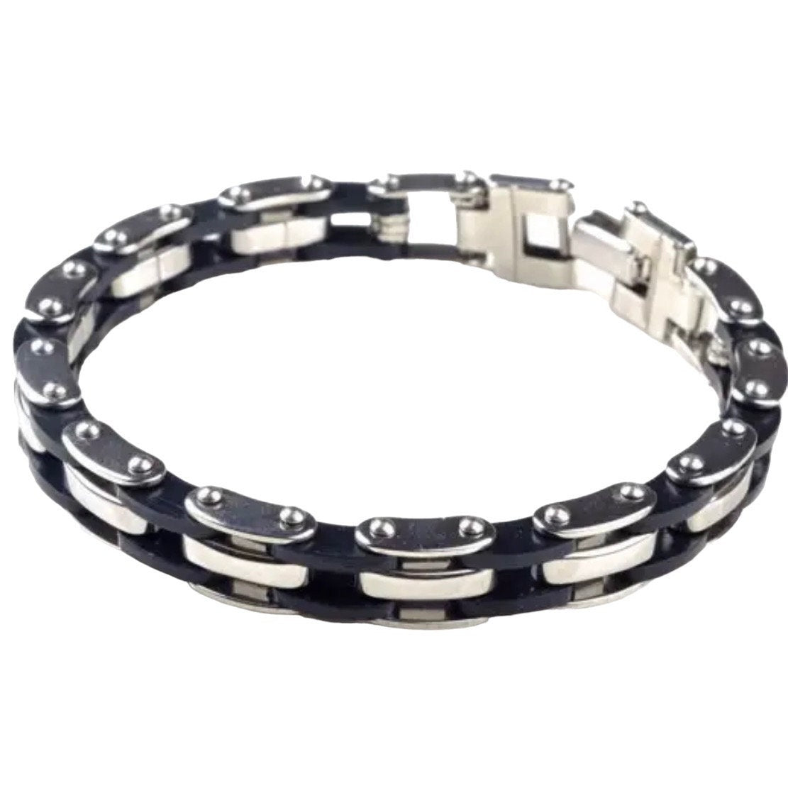 Stainless Steel Light Weight Silicon Link Chain Silver Black Bracelet