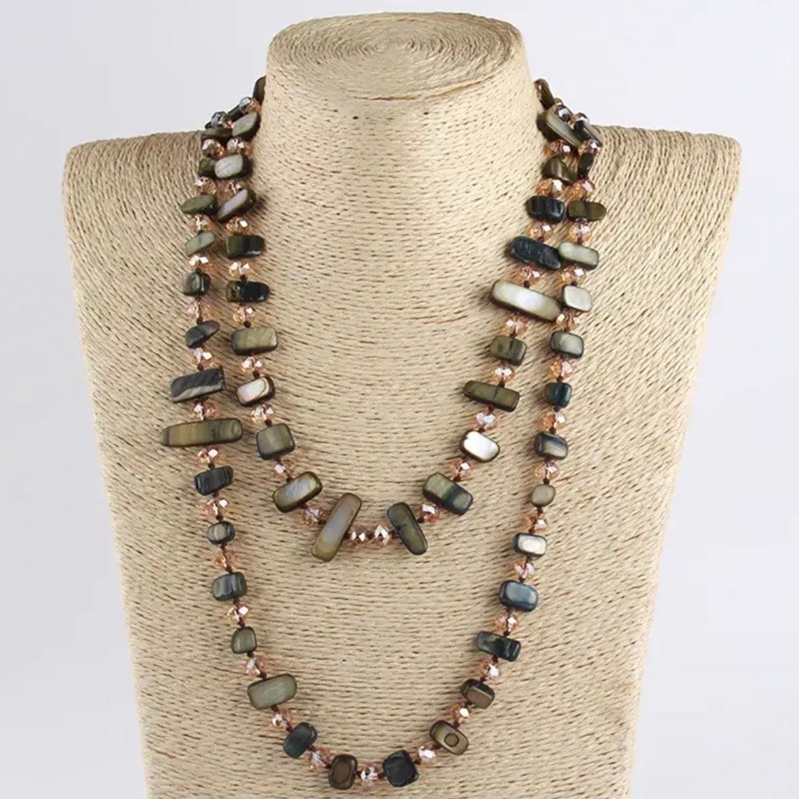 Beautiful Long Knotted Rope Chain Shell Sweater Necklace Available in Dark Green Green Gray & Multi Colour