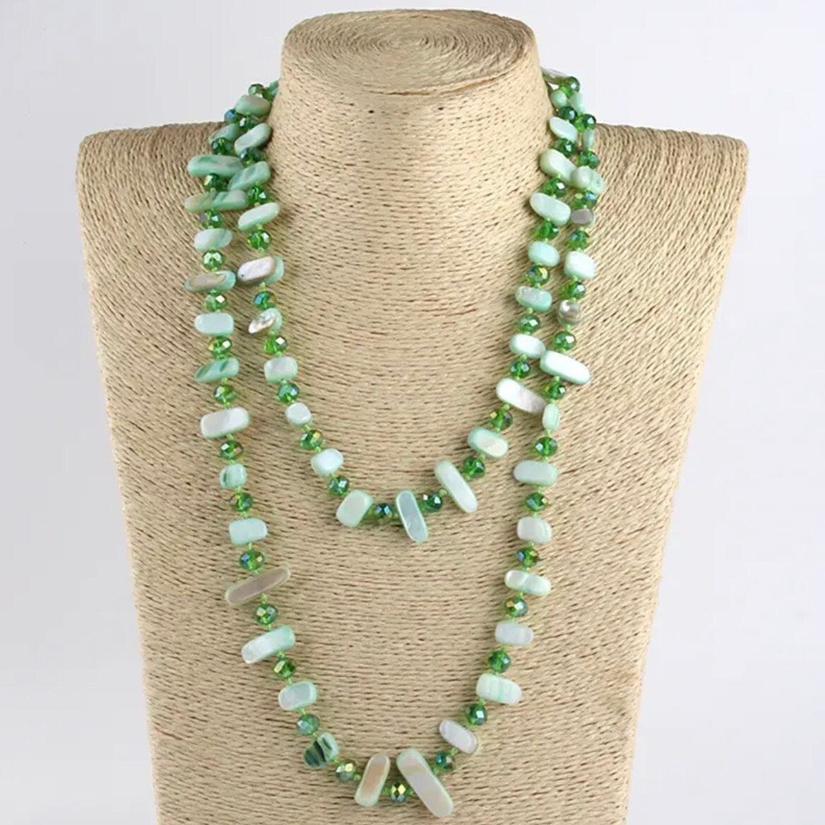 Beautiful Long Knotted Rope Chain Shell Sweater Necklace Available in Dark Green Green Gray & Multi Colour