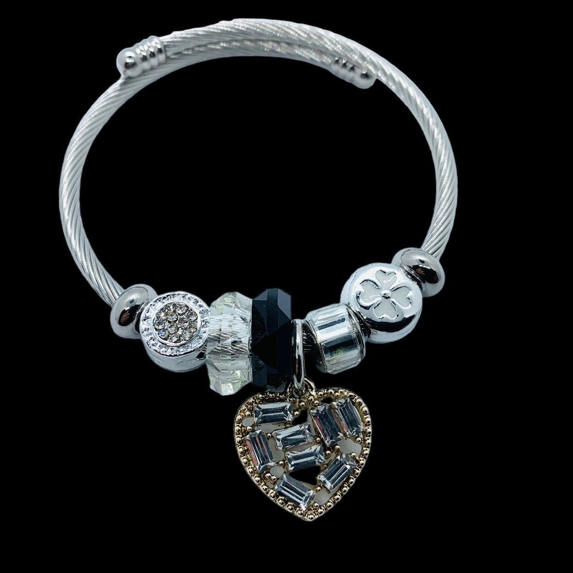 Diamante Twisted Cable Heart & Mixed Charm Adjustable Bangle Bracelet