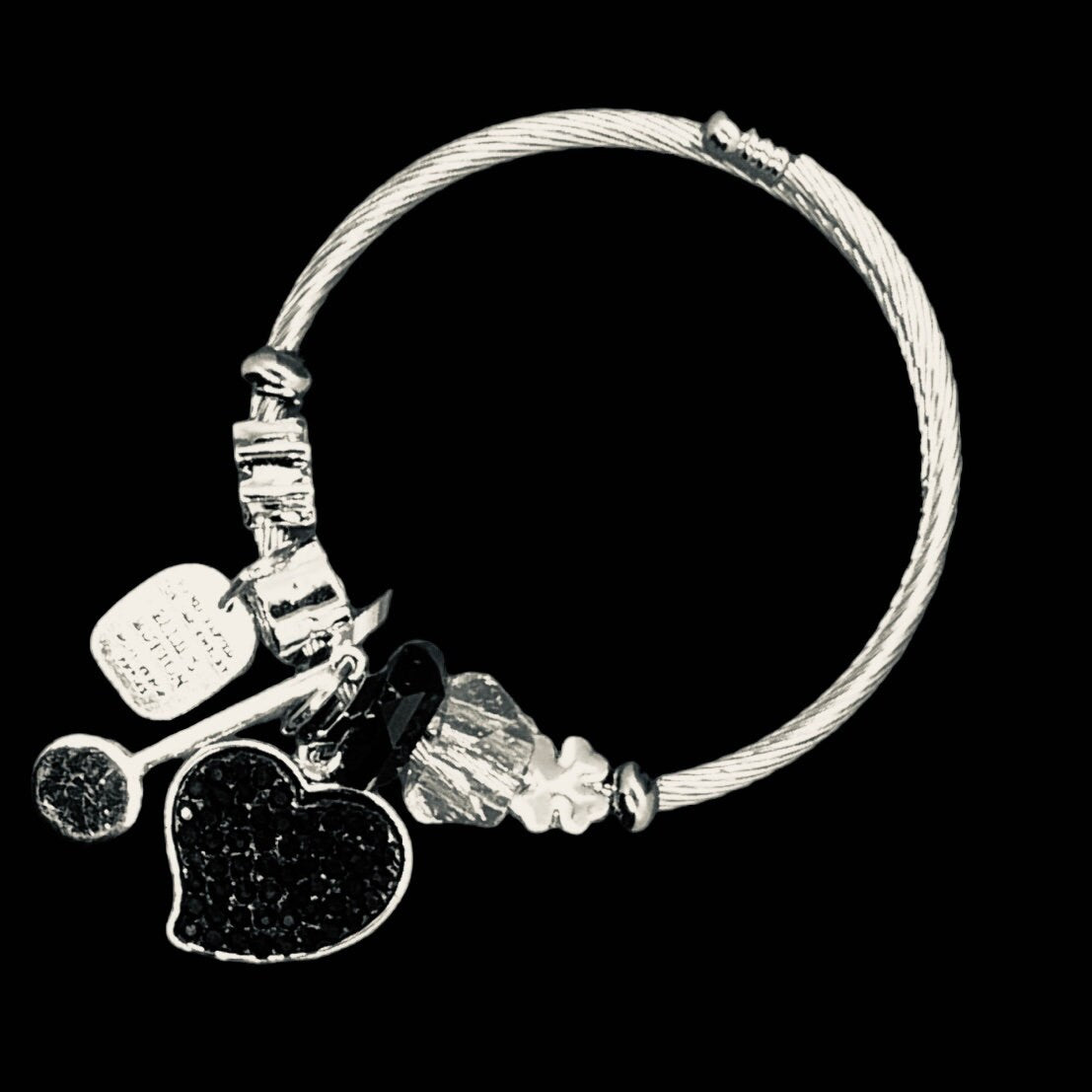 Twisted Cable Heart & Mixed Charm Adjustable Bangle Bracelet