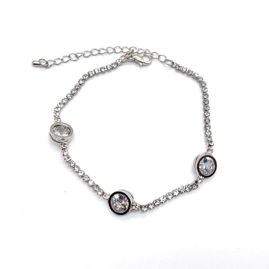 Rhodium Coloured Diamante Silver Bangle Bracelet Encrusted with Clear Crystal Stone