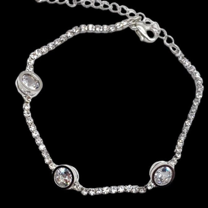 Rhodium Coloured Diamante Silver Bangle Bracelet Encrusted with Clear Crystal Stone