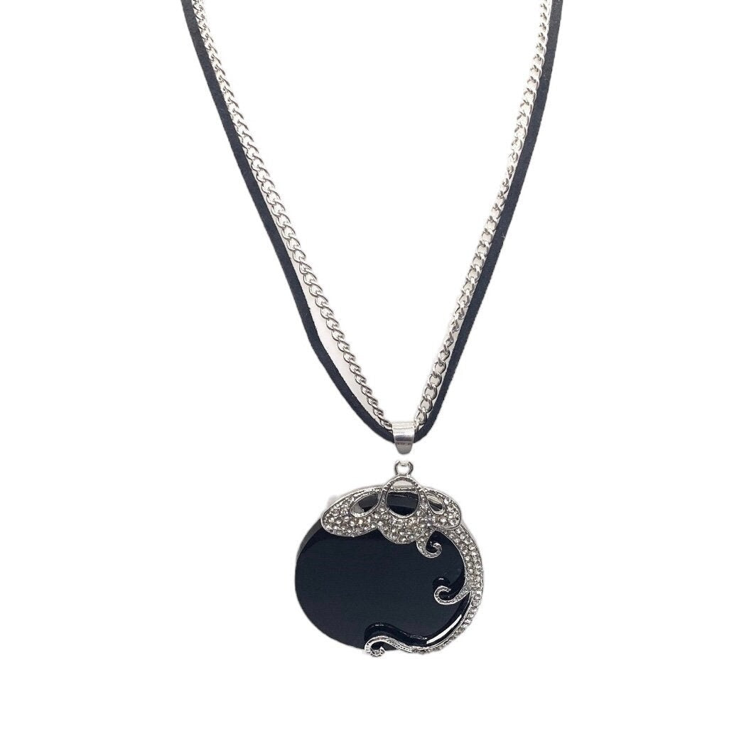 Long Silver and Black Suede-Style Necklace with Round Black Pendant Encrusted with Clear Crystals