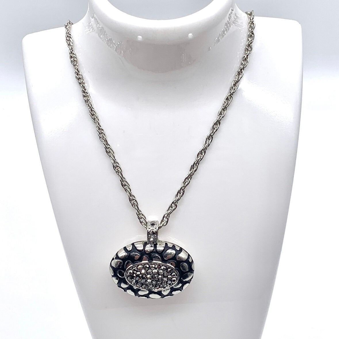 Necklace and Oval Pendant with Black Enamelling and Crystal Detail