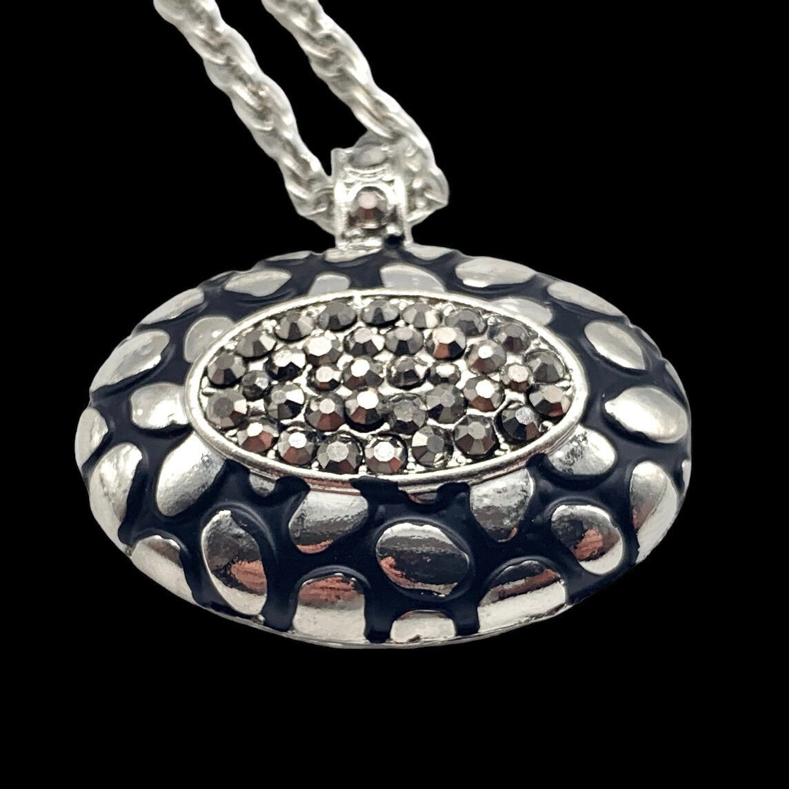 Necklace and Oval Pendant with Black Enamelling and Crystal Detail