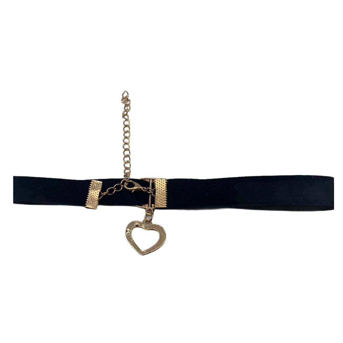 Black Suede Fashion with Large Gold Colour Heart Choker Necklace