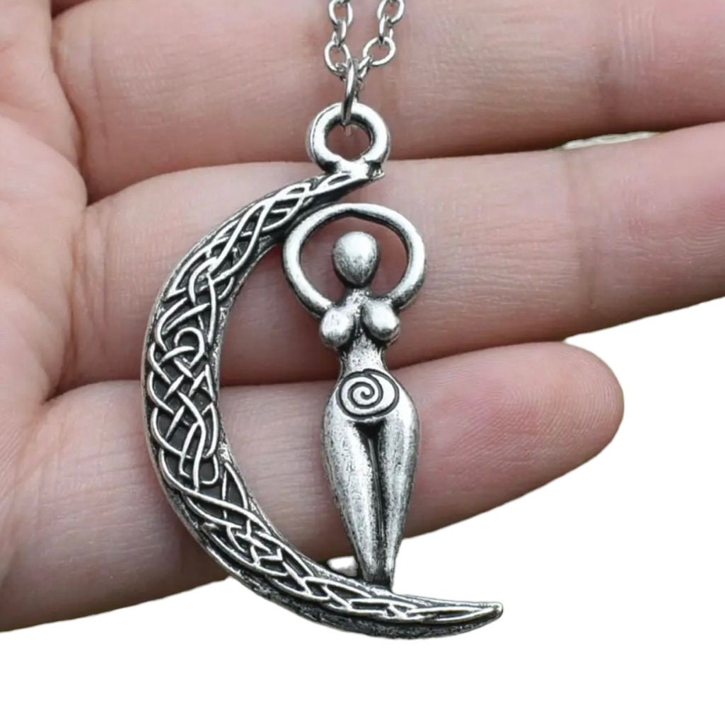 Wicca Spiral Wiccan Woman Goddess and Celtic Knott Moon Double Sided Pendant Necklace