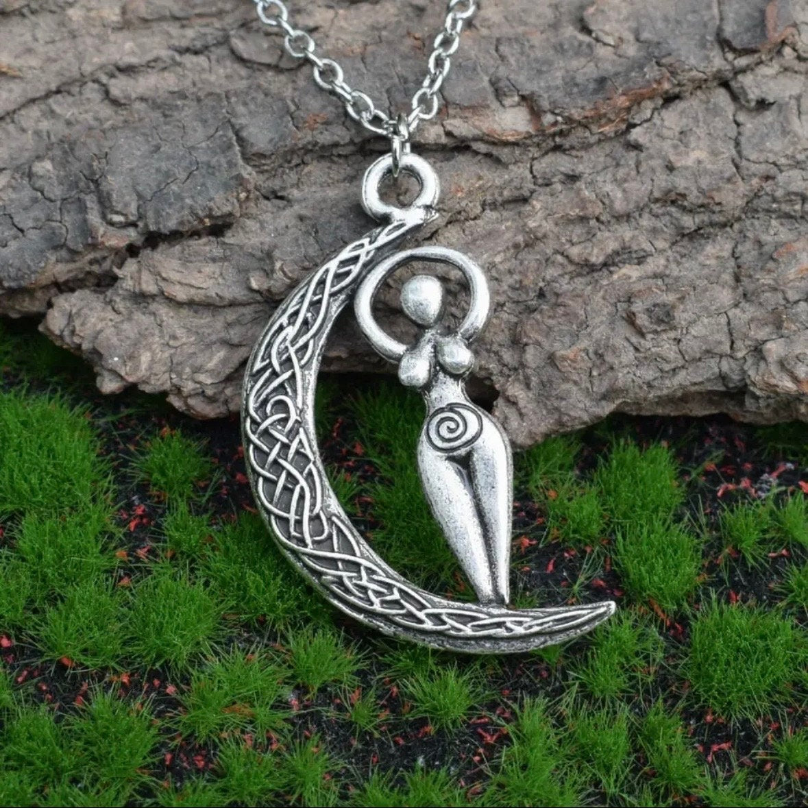 Wicca Spiral Wiccan Woman Goddess and Celtic Knott Moon Double Sided Pendant Necklace