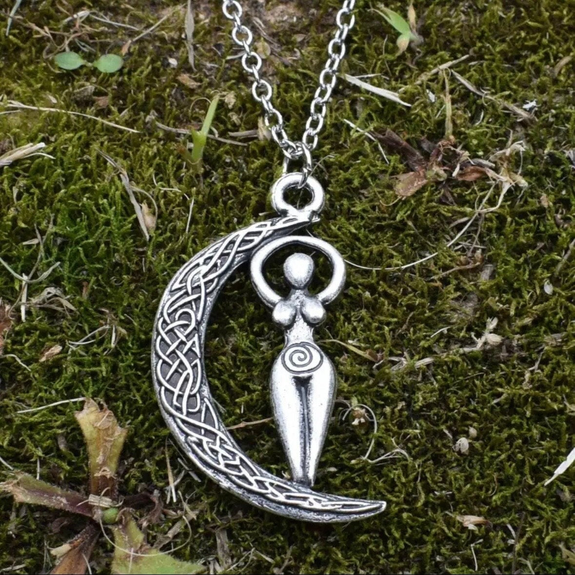 Wicca Spiral Wiccan Woman Goddess and Celtic Knott Moon Double Sided Pendant Necklace