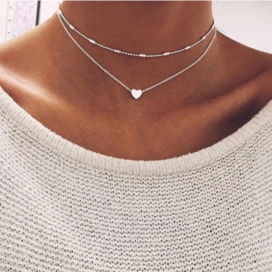 Heart Charm Pendant Statement Simplicity Double Layered Choker Chain Necklace Available in Gold or Silver Colour