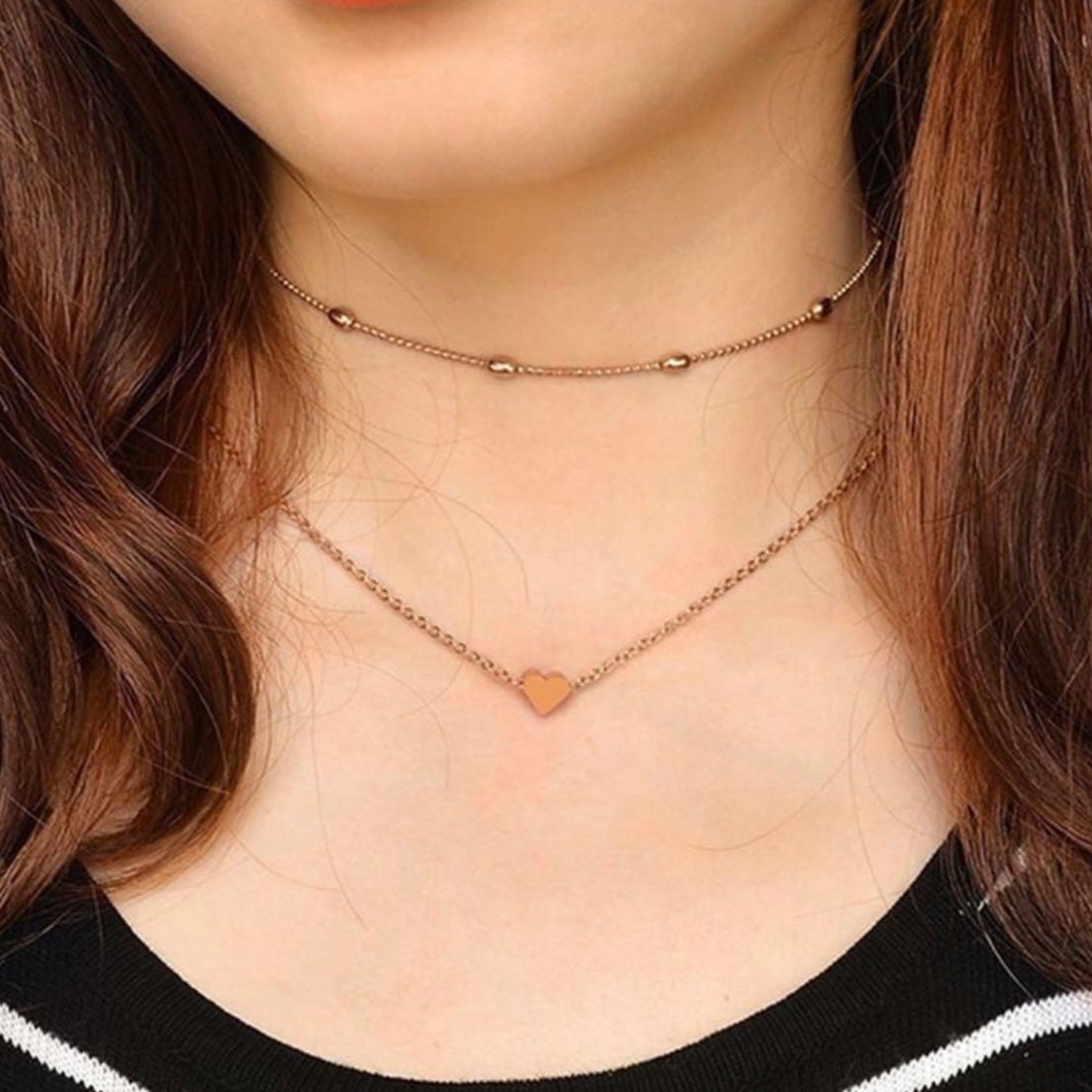 Heart Charm Pendant Statement Simplicity Double Layered Choker Chain Necklace Available in Gold or Silver Colour