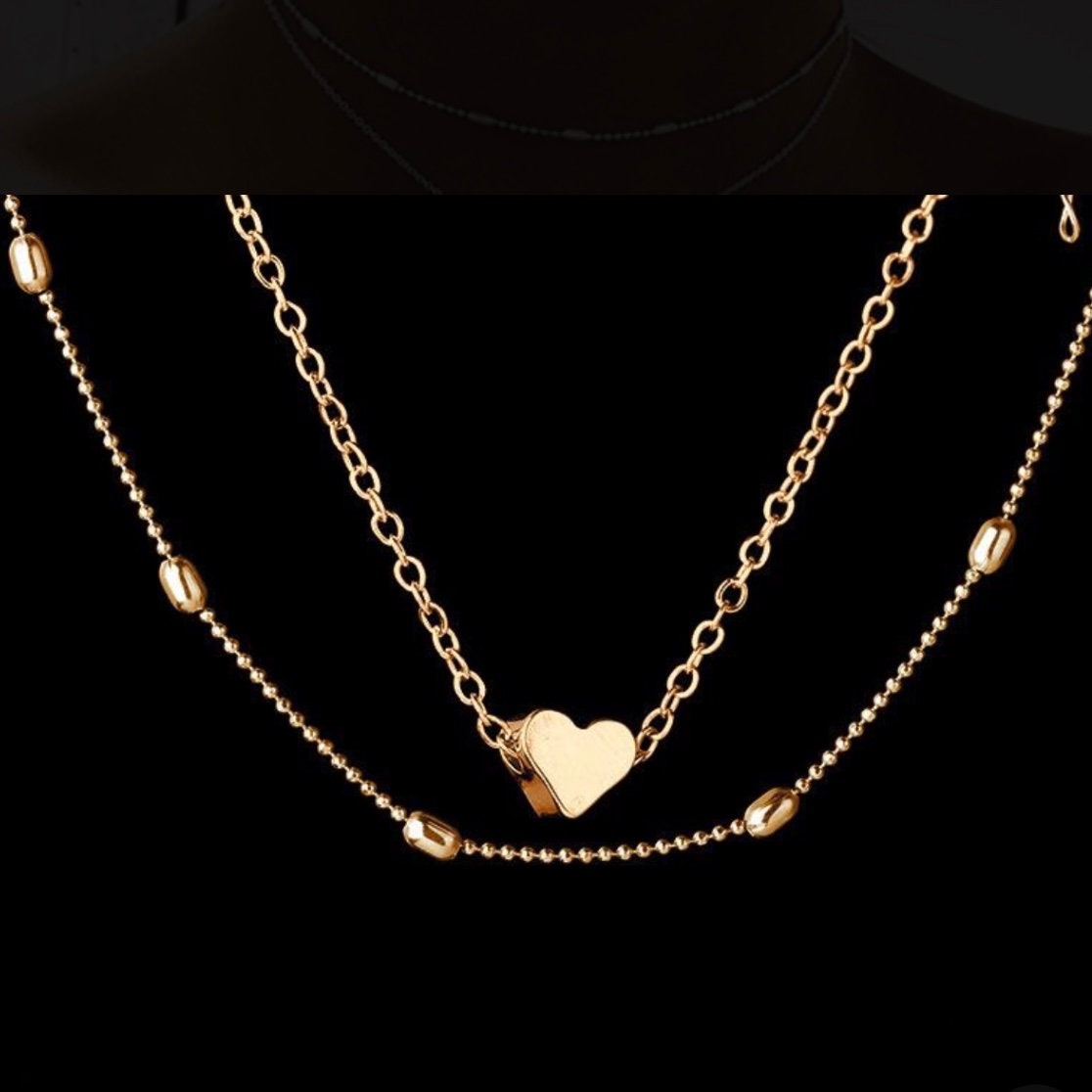 Heart Charm Pendant Statement Simplicity Double Layered Choker Chain Necklace Available in Gold or Silver Colour