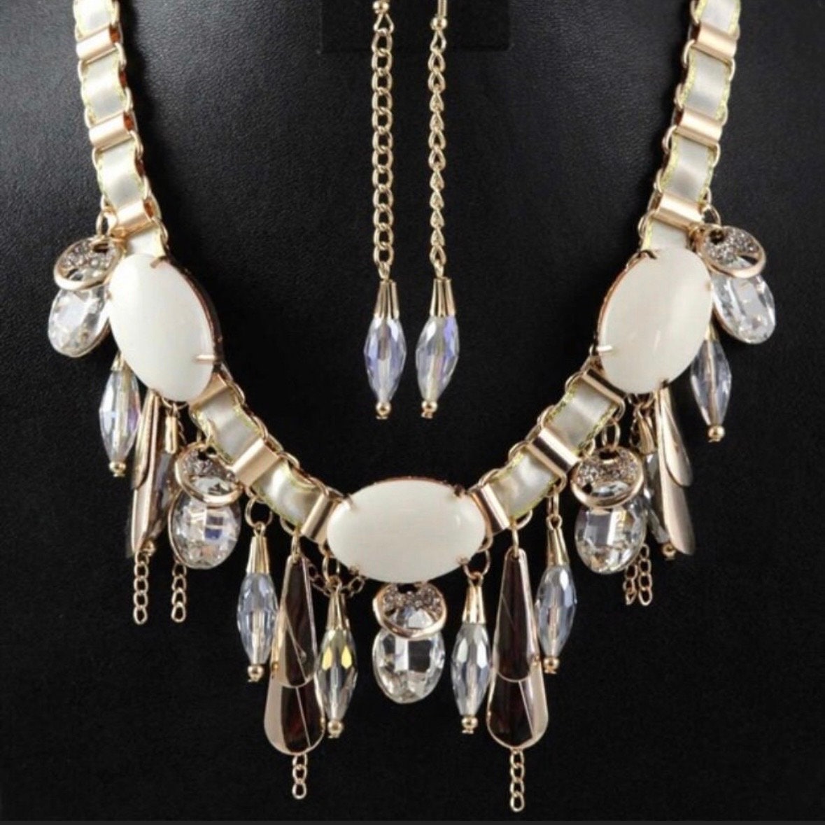 Gold Cream Clear Crystal AB Large Pendant Necklace and Earring Set