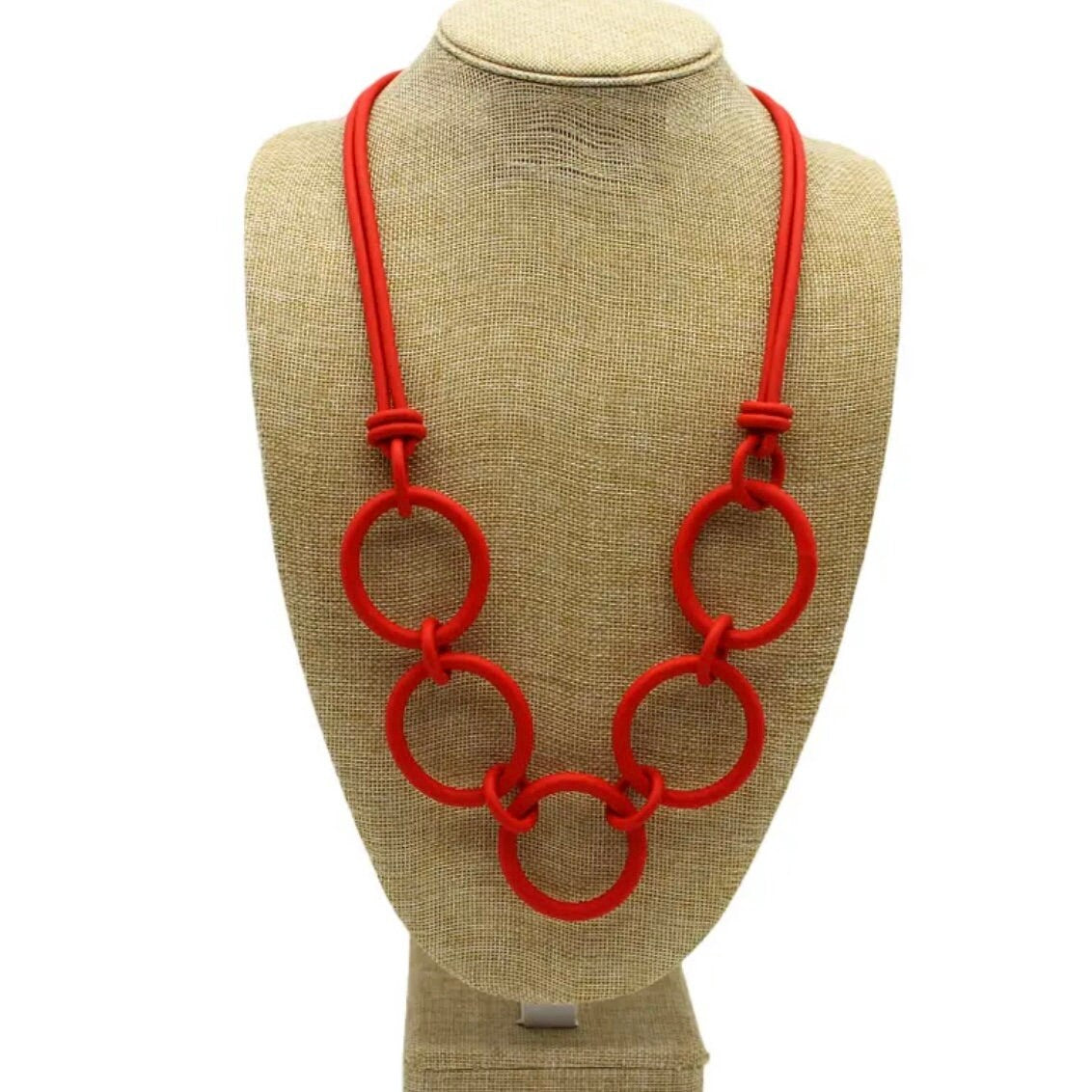 Gothic Punk Rubber Rope Style Multi Circular Linked Long Necklace Available in 8 Colours