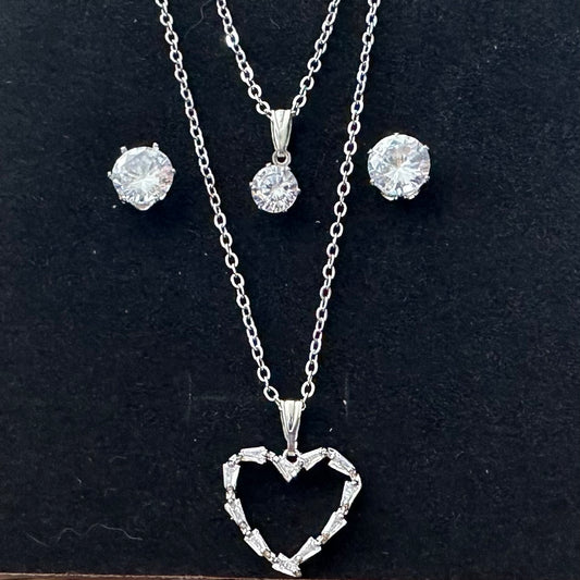 Double Pendant Heart and Clear Crystal Stone Necklace with a Pair of Clear Crystal Stone Matching Stud Earrings