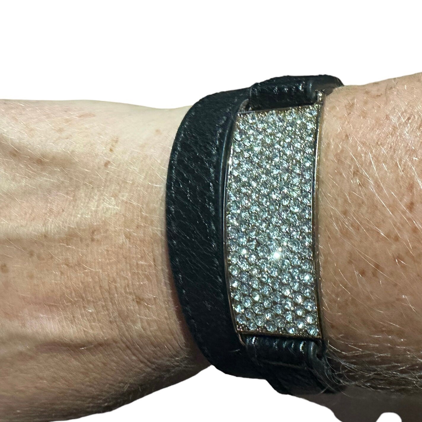 Black Leather Diamante Silver and Gold Wrap Bracelet