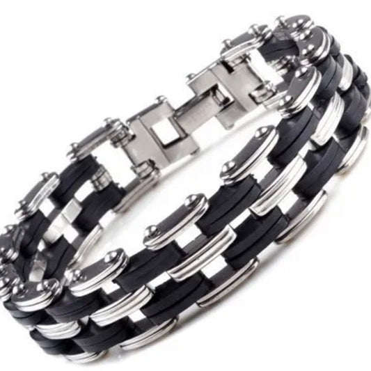 Stainless Steel Light Weight Silicon Link Chain Silver Black Bracelet