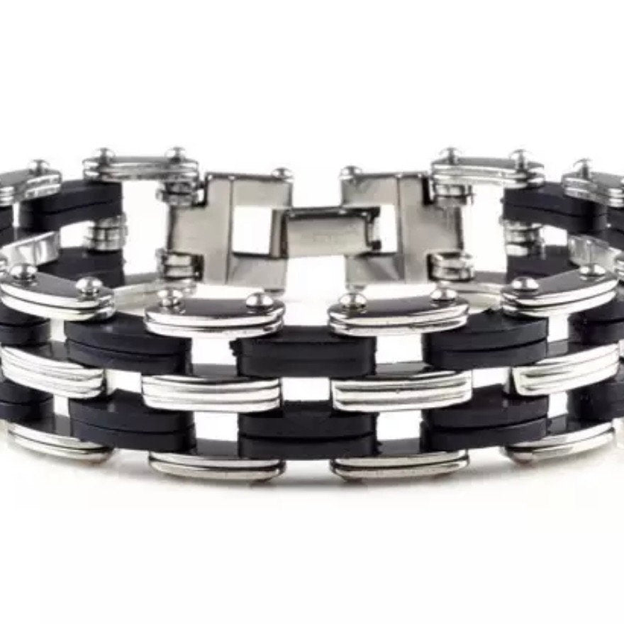 Stainless Steel Light Weight Silicon Link Chain Silver Black Bracelet