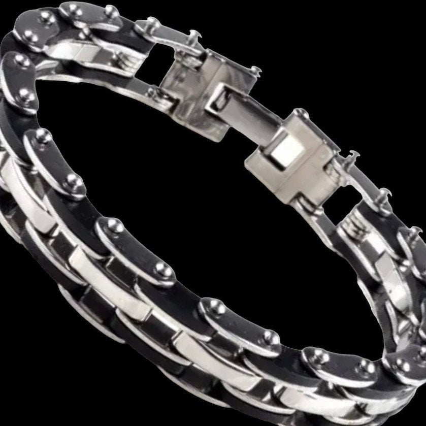 Stainless Steel Light Weight Silicon Link Chain Silver Black Bracelet