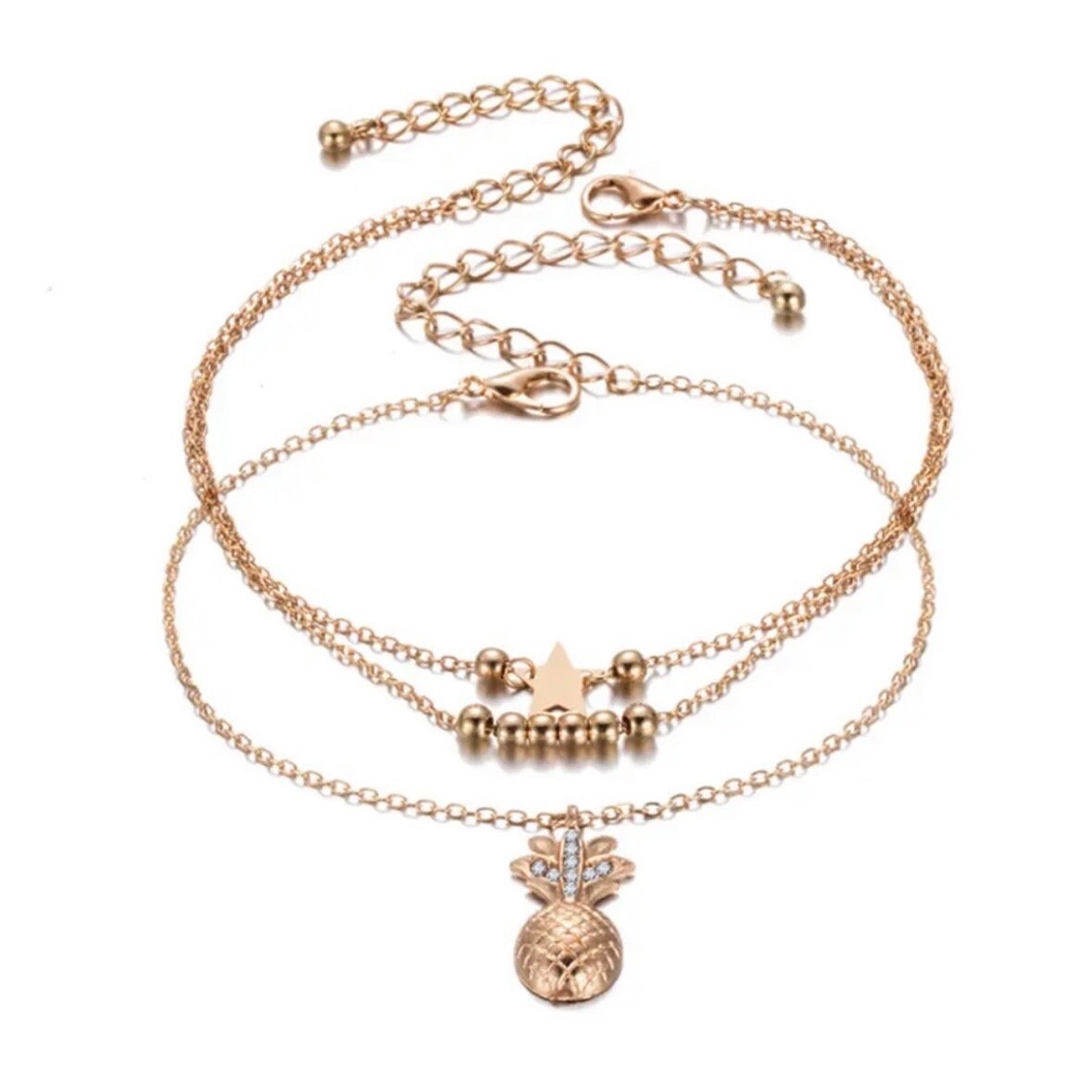 Layered Anklet Chain with Pineapple Star Beads in Gold or Silver Colour