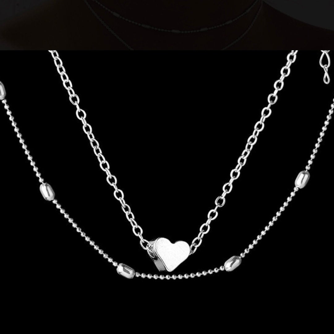 Heart Charm Pendant Statement Simplicity Double Layered Choker Chain Necklace Available in Gold or Silver Colour